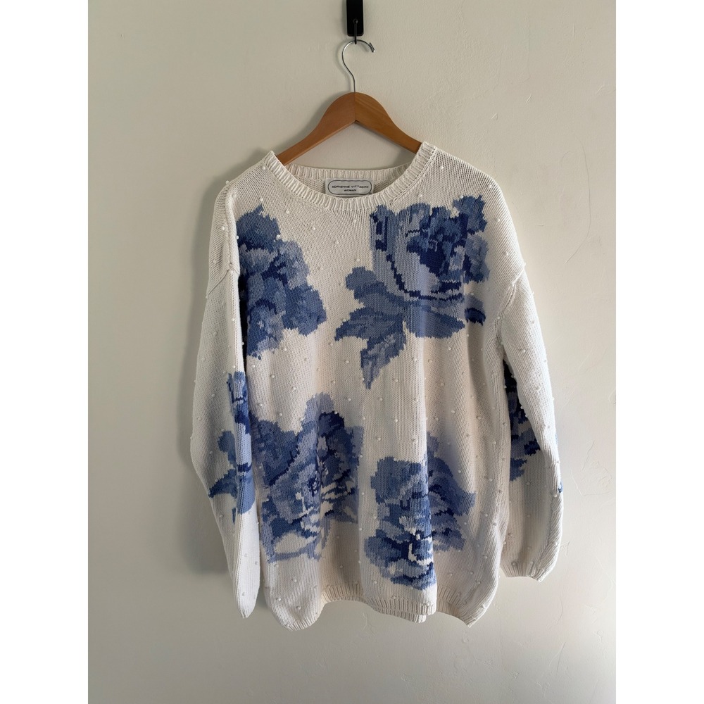 Adrienne Vittadini Vintage Blue Floral Bobble Knit Cotton Sweater Size 2 White